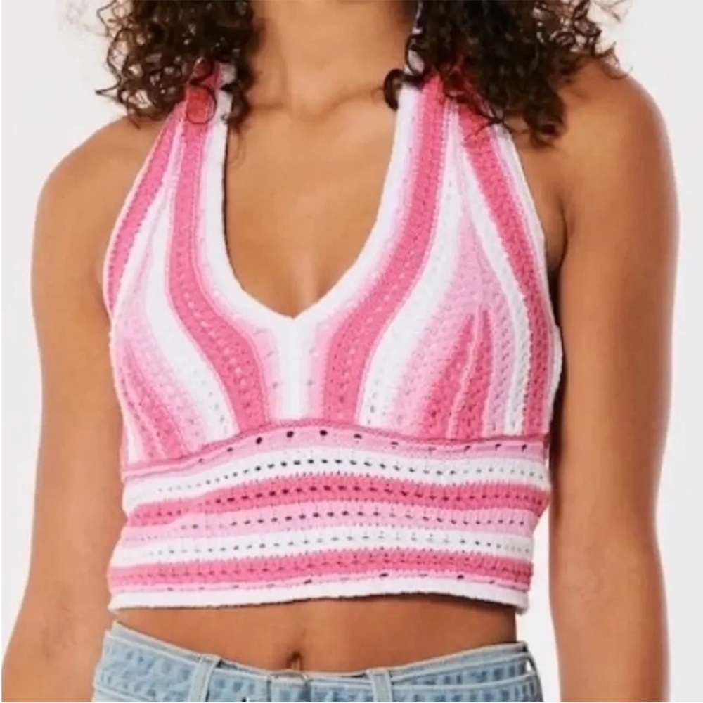 Hollister Pink and White Crochet Crop Top